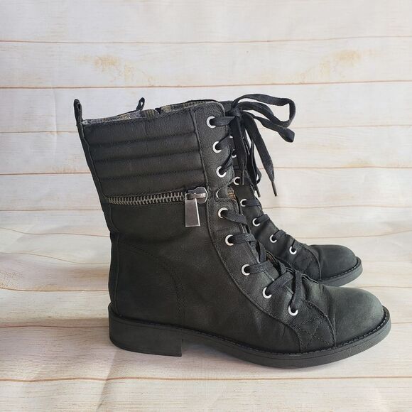 Nine West Leather Lace Up Quilted Distressed Round Toe Ankle Boots Booties 8 M - Picture 1 of 16